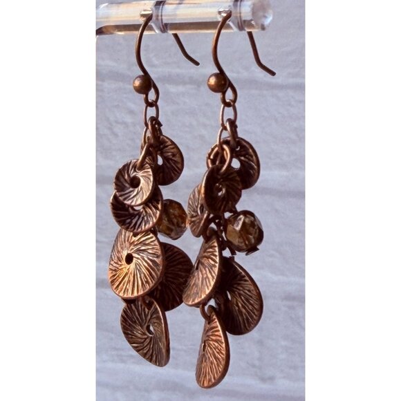 Vintage 1990s Chico’s Copper Medallion Cluster Dangle Earrings Amber Beads NOS - Picture 7 of 9